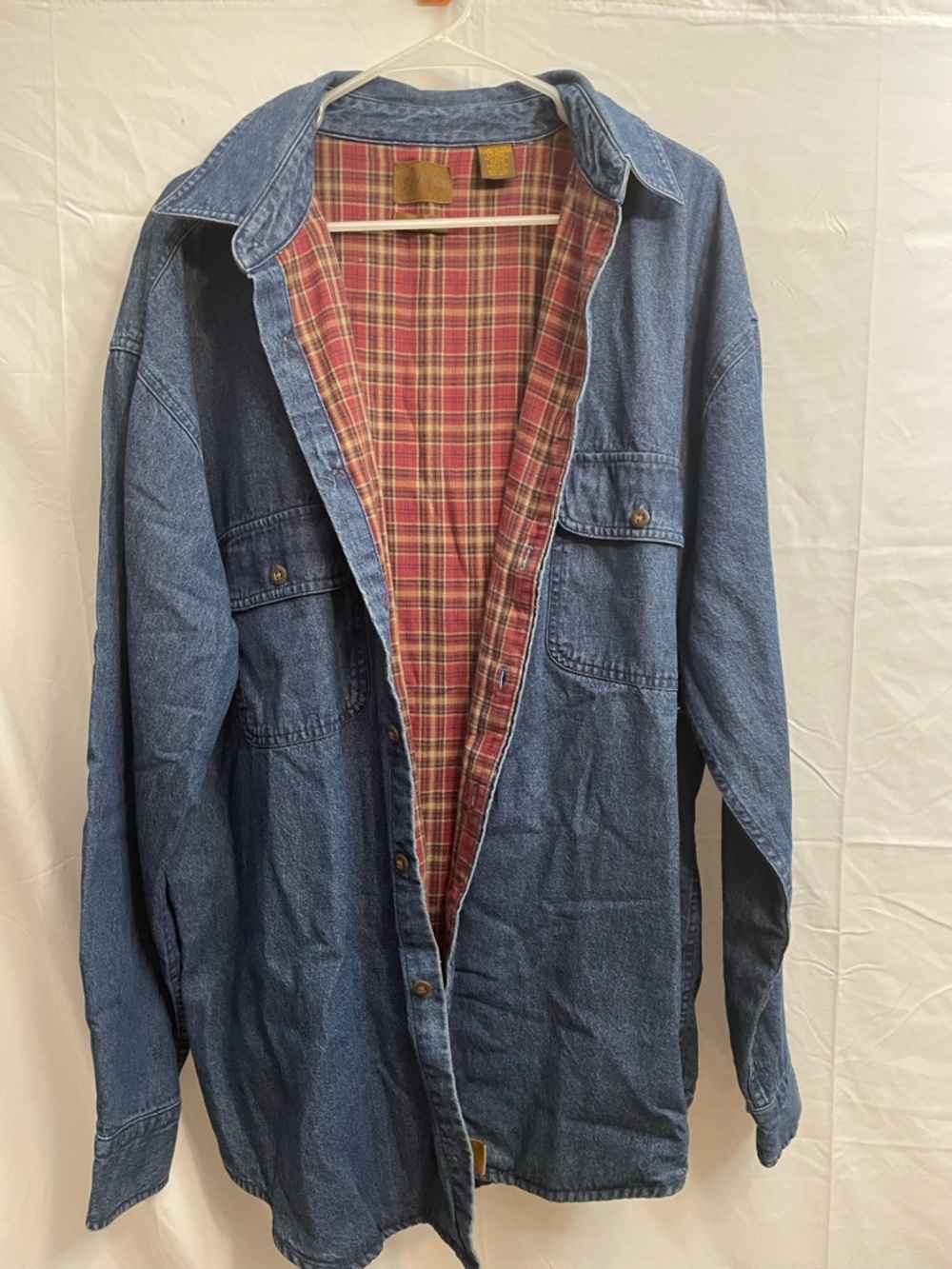 St. John's Bay Blue Denim Jacket with Red Plaid Lining